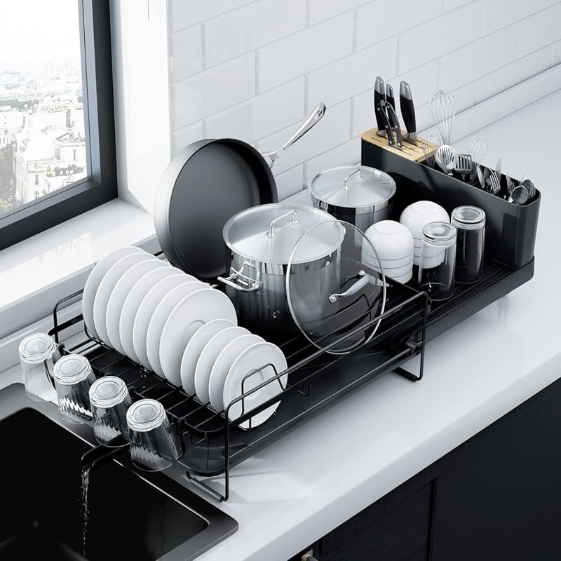 Extendable anti-rust dish drying rack with cutlery & cup holders