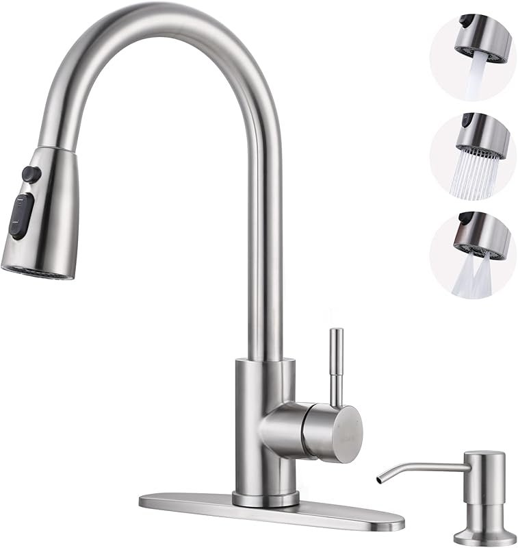 WOWOW Brushed Nickel Kitchen Sink Faucet with Pull Down Sprayer, 3 Mod