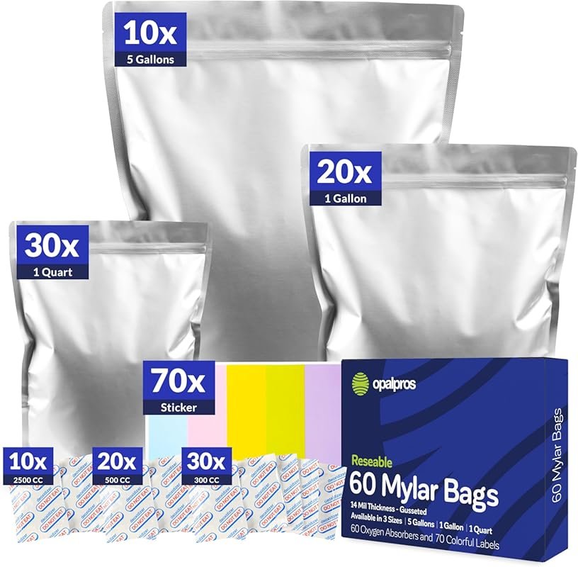 60-Pack Mylar Bags with Oxygen Absorbers, Gusseted 5 Gallon/1 Gallon/1