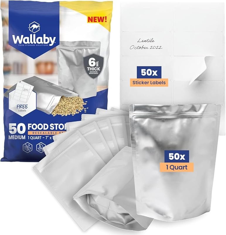 Wallaby 1-Quart Gusset Mylar Bags – 50 Count, 12 Mil, Airtight, Heat-S