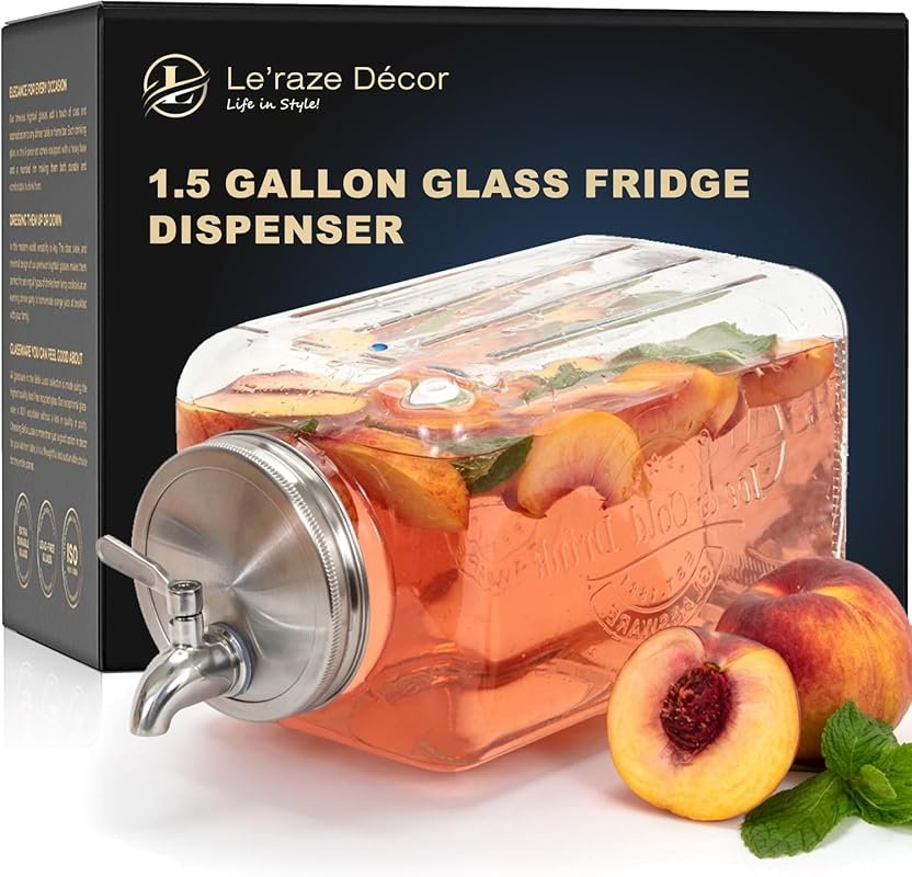 Le'raze Glass Beverage Dispenser with Stainless Steel Spigot & Gravity
