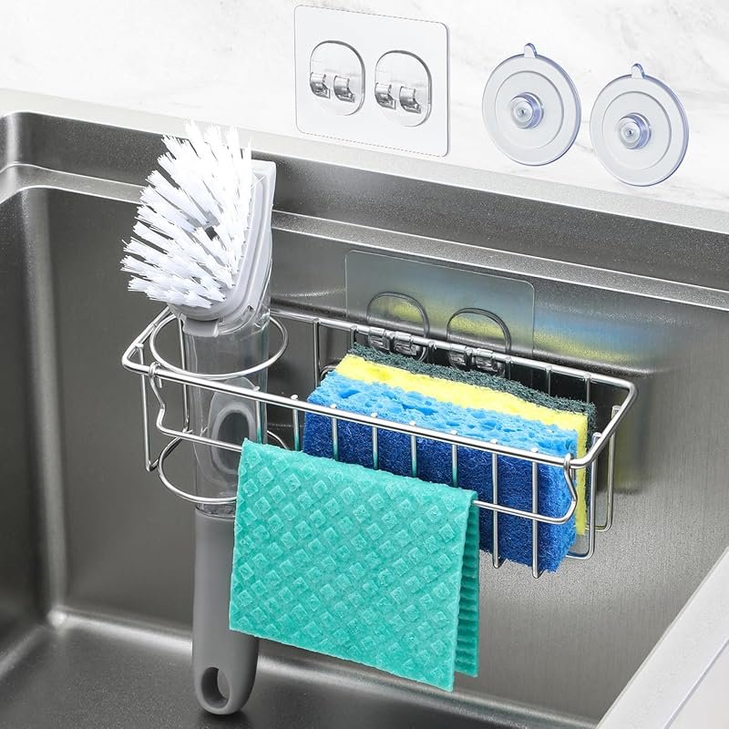 3-in-1 In-Sink Sponge Holder with Suction Cups & Adhesive Hook – Dish 