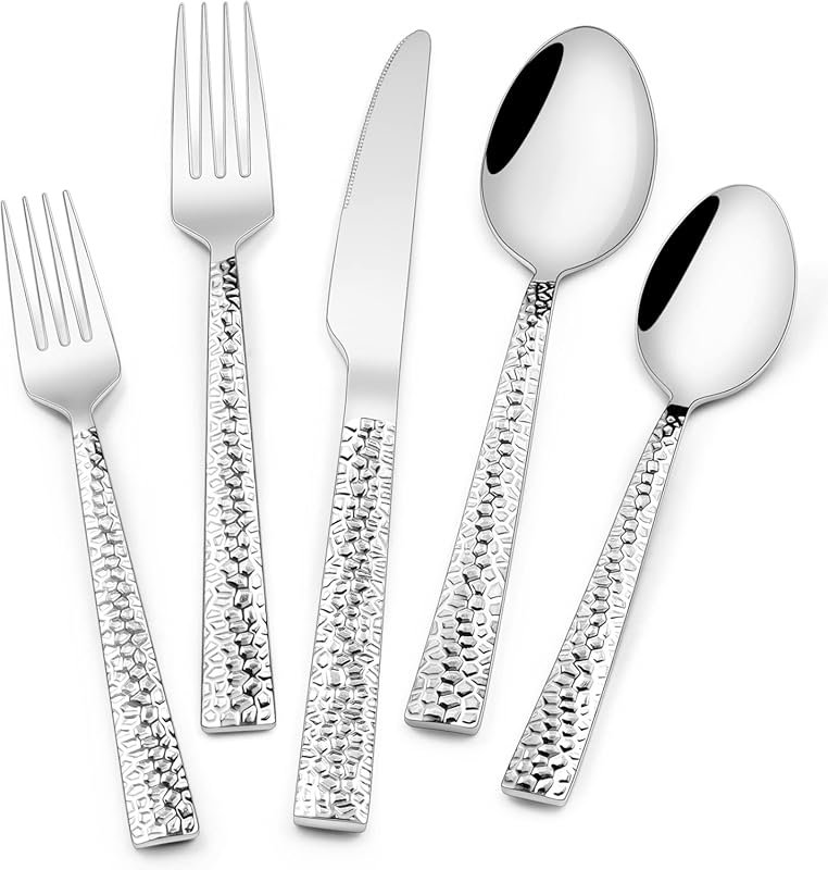 Hammered 40-Piece Stainless Steel Square Flatware Set for 8 – Food-Gra