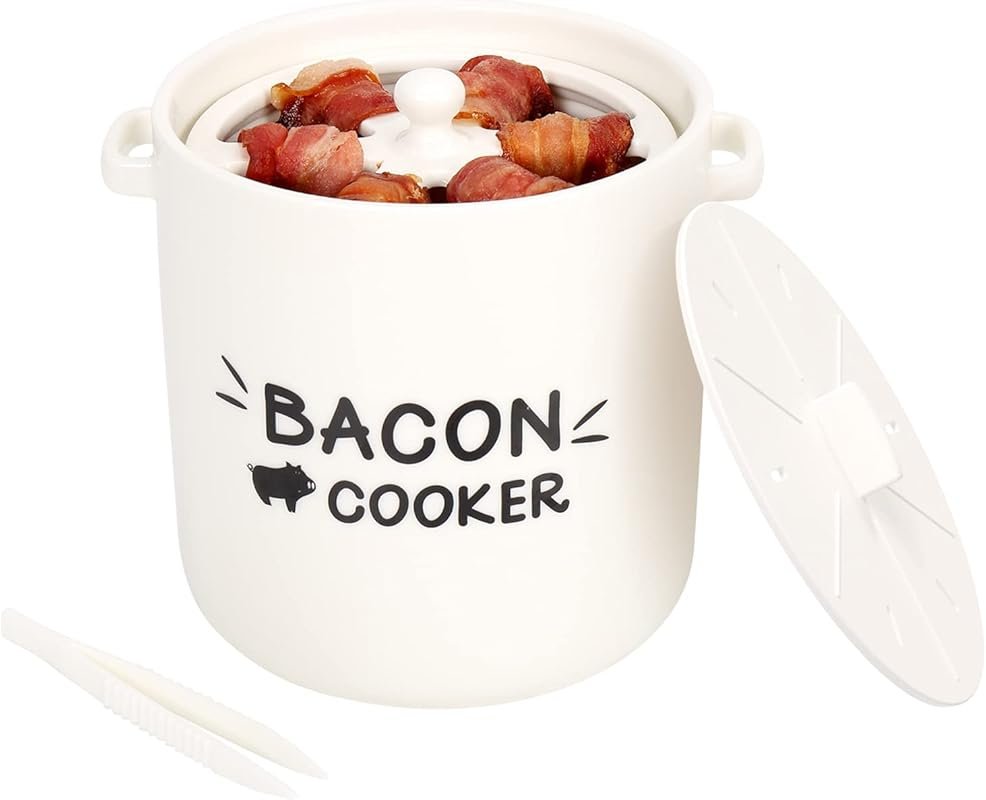SOLIGT Ceramic Bacon Cooker with Splatter-Proof Lid & Bonus Tongs for 