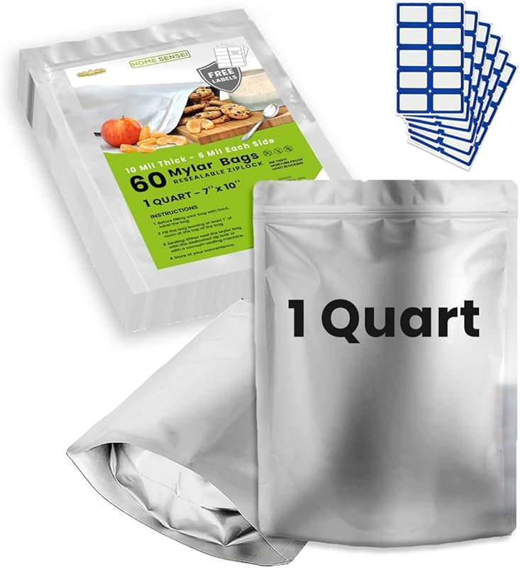 60pcs 1 Quart Mylar Bags – ExtraThick 10 Mil, Smell Proof, Stand-Up Zi