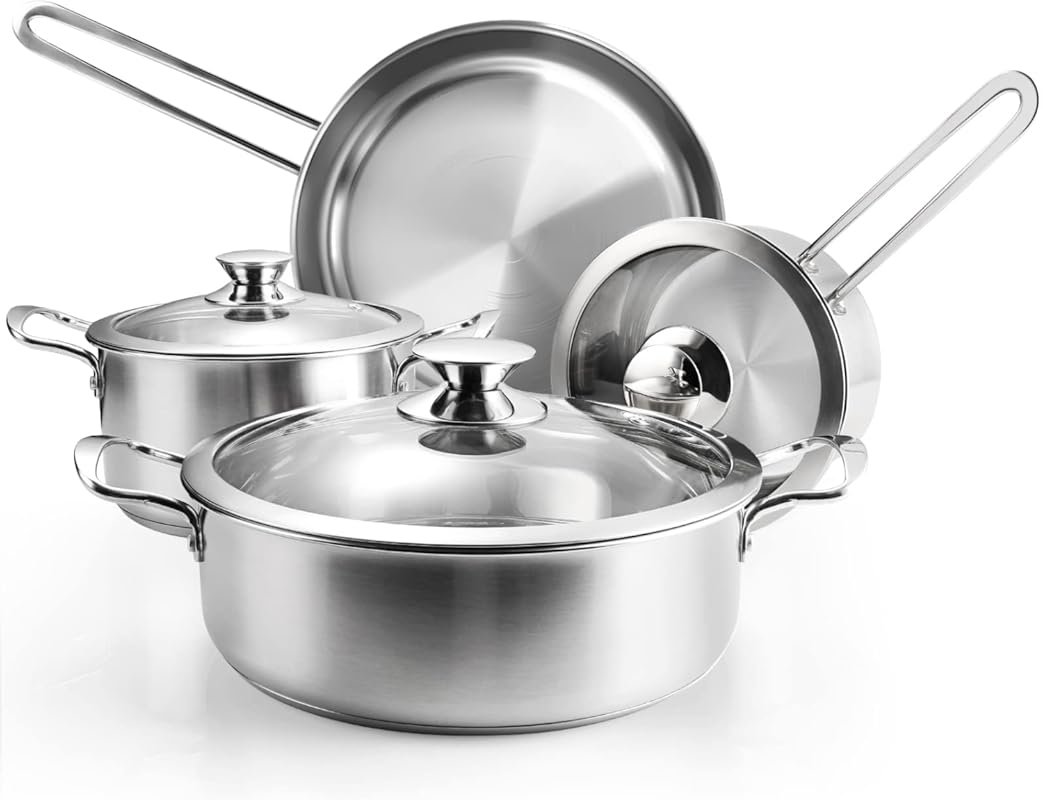 Stainless Steel 7-Piece Cookware Set with Glass Lids, Induction & Oven