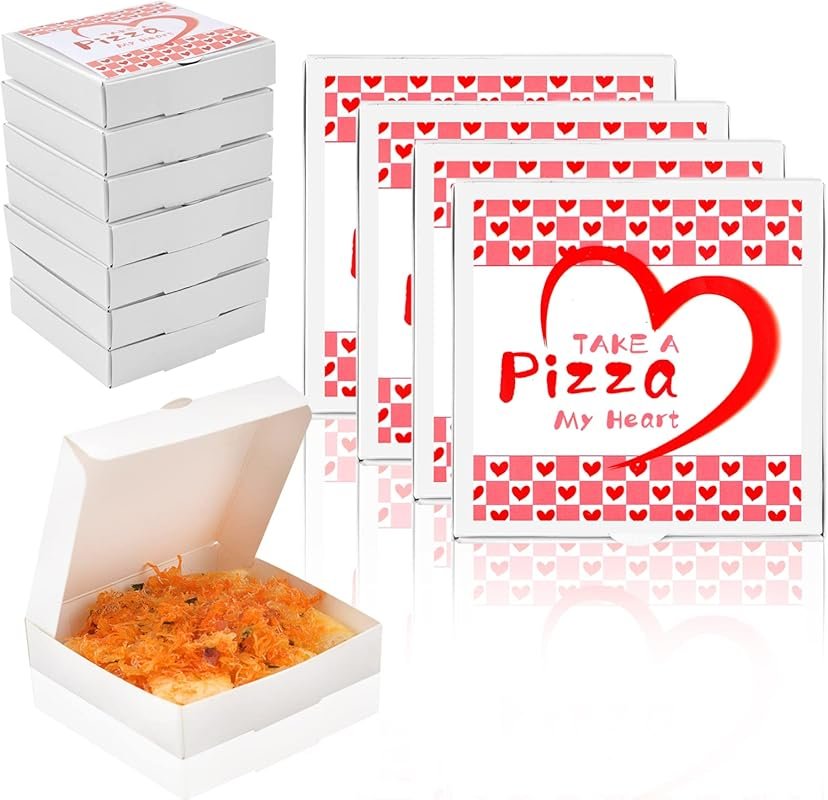 50 Pcs Mini Pizza Boxes with Valentine Stickers, Square Cardboard Boxe