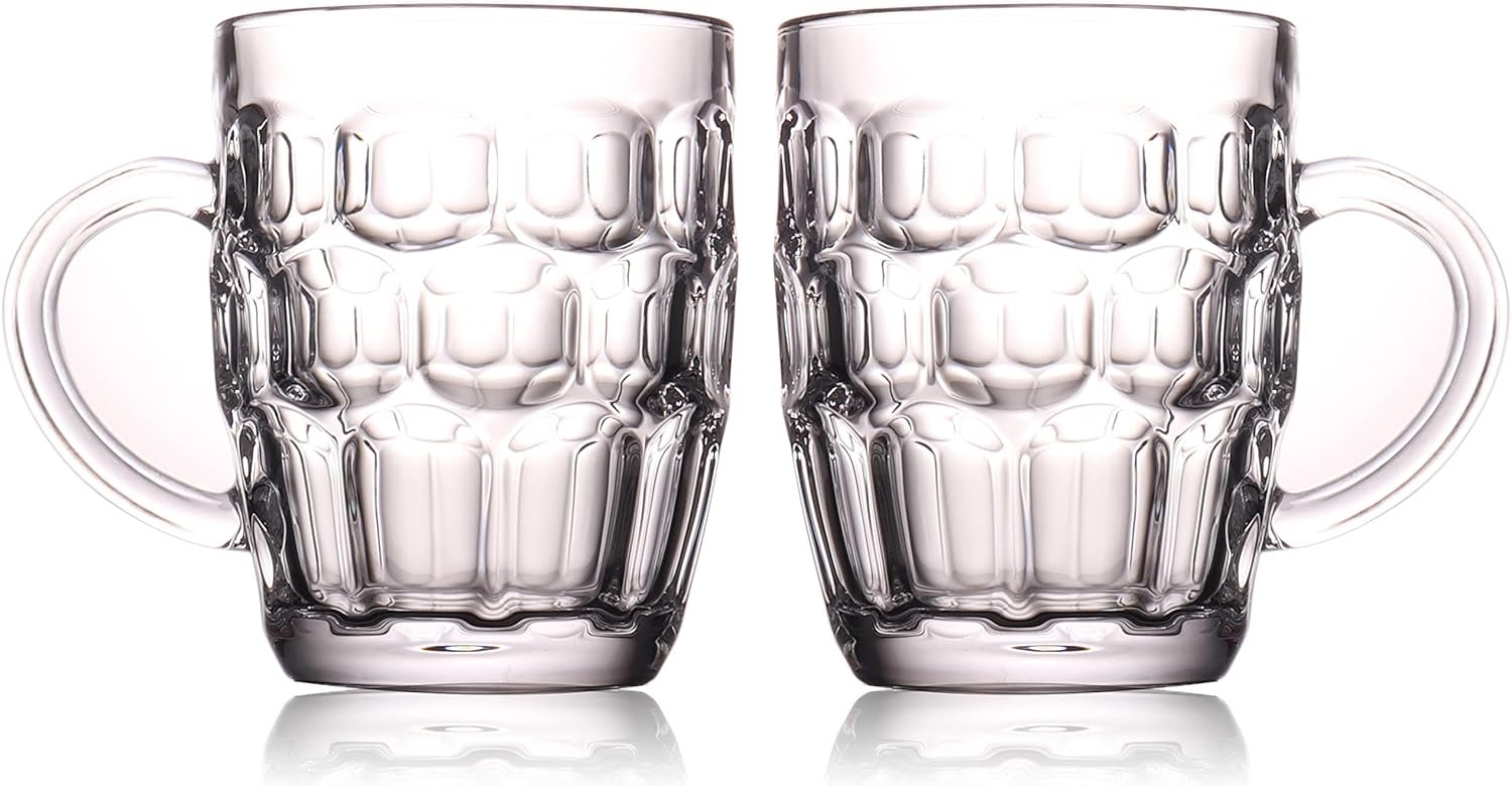 Heavy British Dimpled Beer Mugs with Handles – 2-Pack Pint Glass Set f