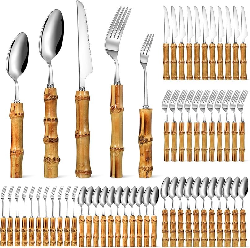 Eboot Bamboo-Handle Stainless Steel Silverware Set – 60-Piece Natural 