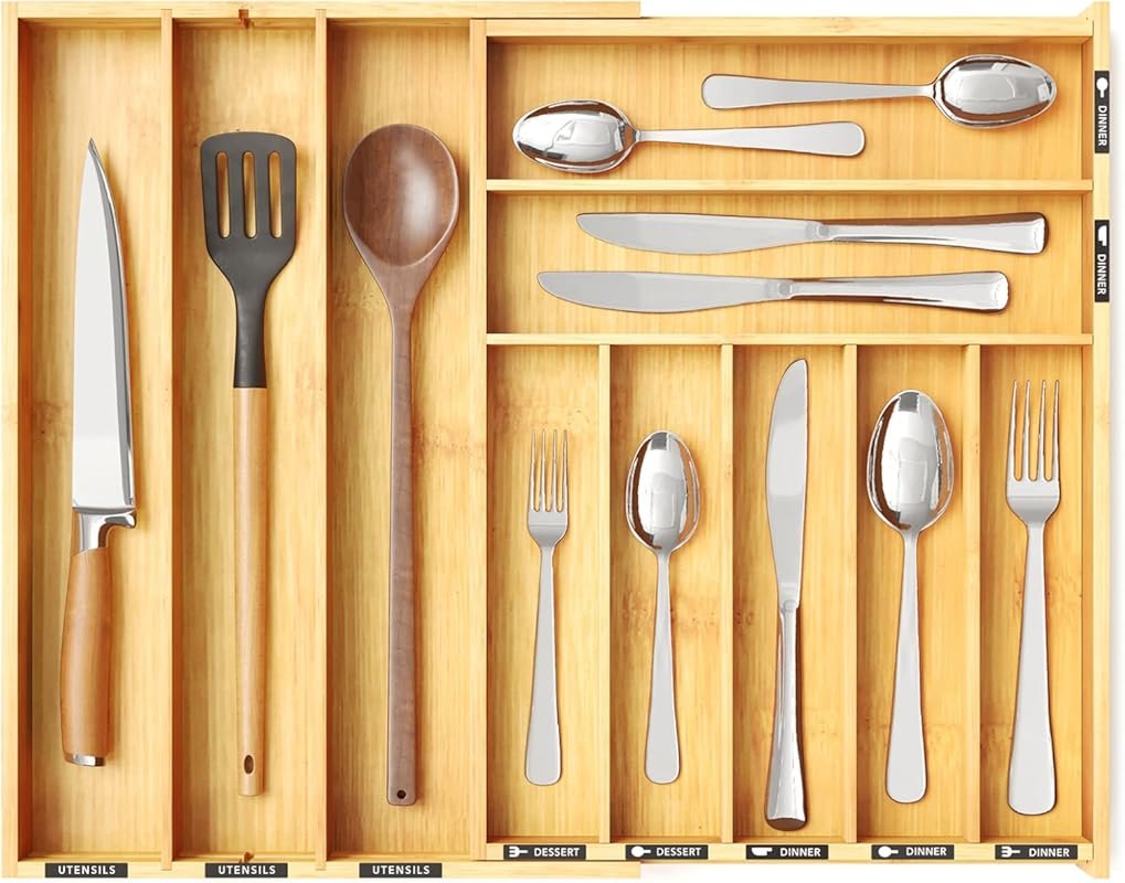SpaceAid Bamboo Silverware Drawer Organizer with Labels, Expandable Tr