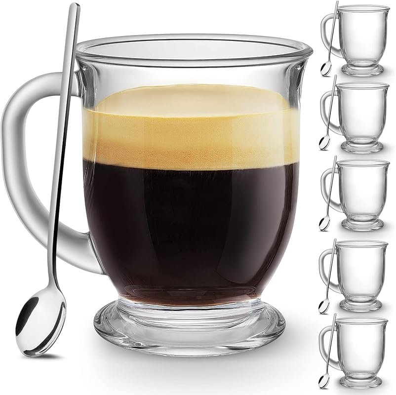 Mfacoy Set of 6 Large 15oz Clear Glass Coffee Mugs with Handles for Ho