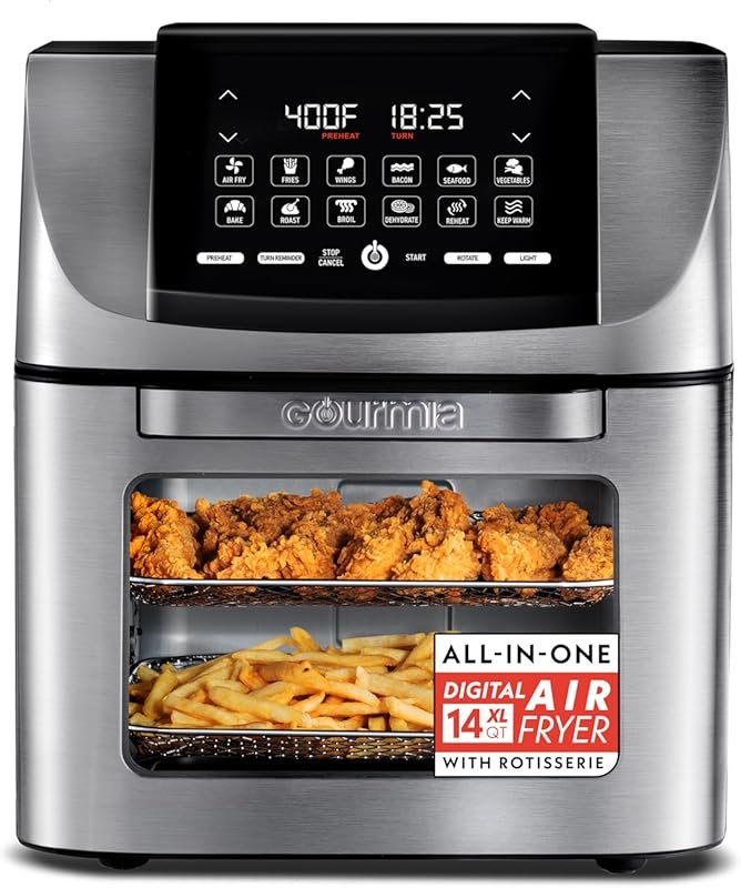 Gourmia 14 Qt Air Fryer Rotisserie Oven, 12 Presets, Roast, Broil, Deh