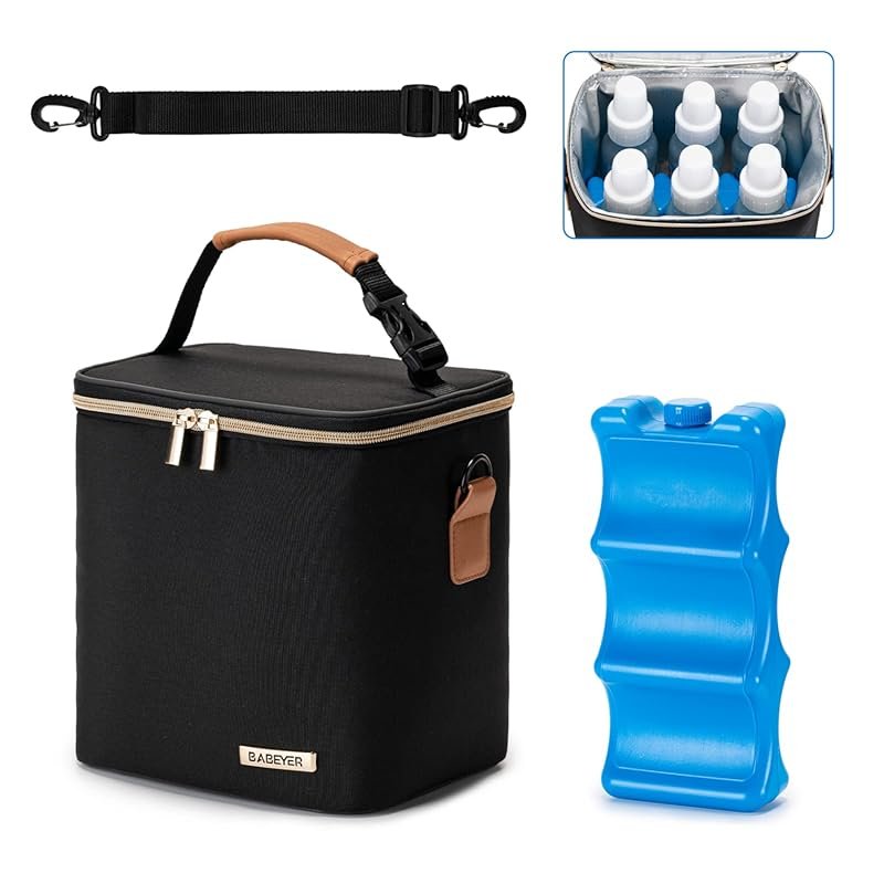 Black Breastmilk Cooler Bag with Ice Pack Fits 6 Baby Bottles, Shoulde