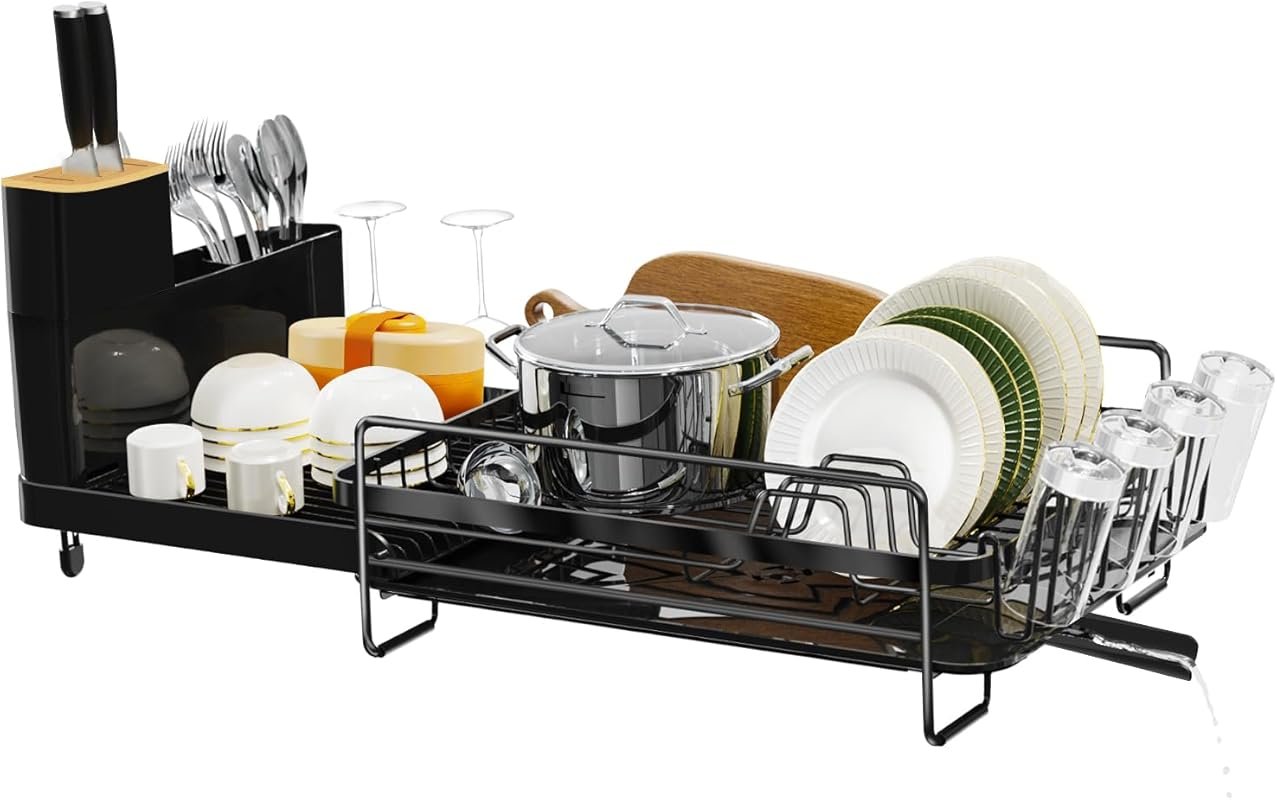 Extendable dish drying rack with drainboard, utensil & cup holders