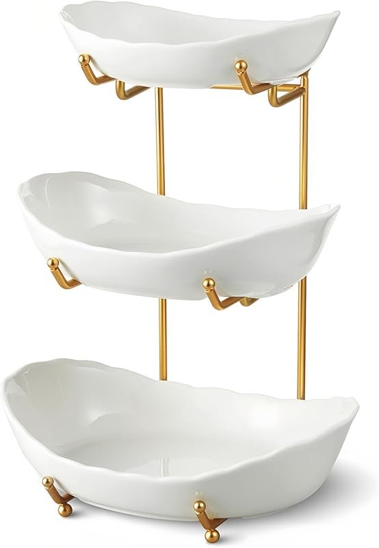 Ceramic Fruit Bowl with 3-Tier Metal Stand – Gold Tiered Fruit Basket 