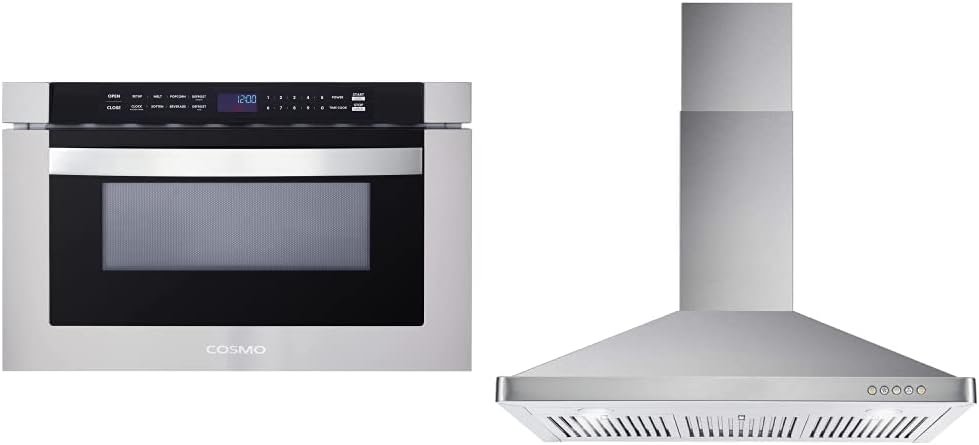 COSMO Microwave Drawer + Wall Mount Range Hood Combo, 24