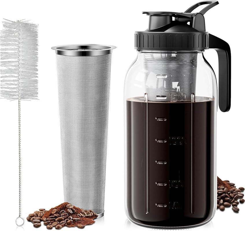 64oz Cold Brew Coffee Maker with 304 Stainless Steel Filter, Mason Jar