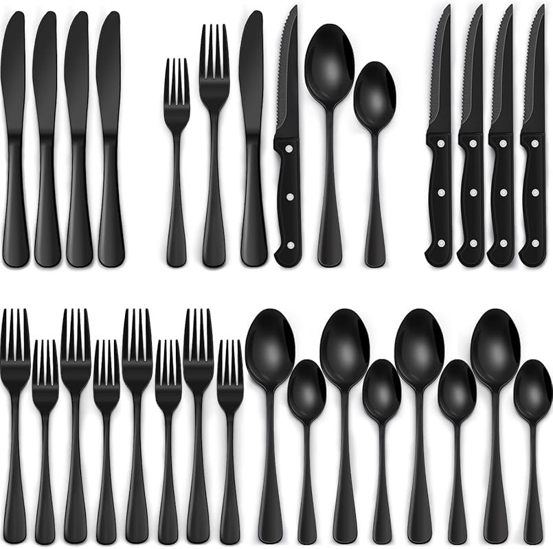 EWFEN 24-Piece Black Stainless Steel Silverware Set for 4 – Includes S