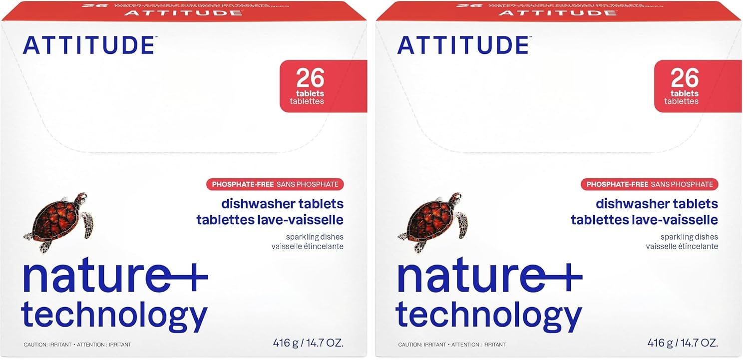 ATTITUDE Phosphate-Free Plant-Based Dishwasher Pods, Unscented, 52 Cou