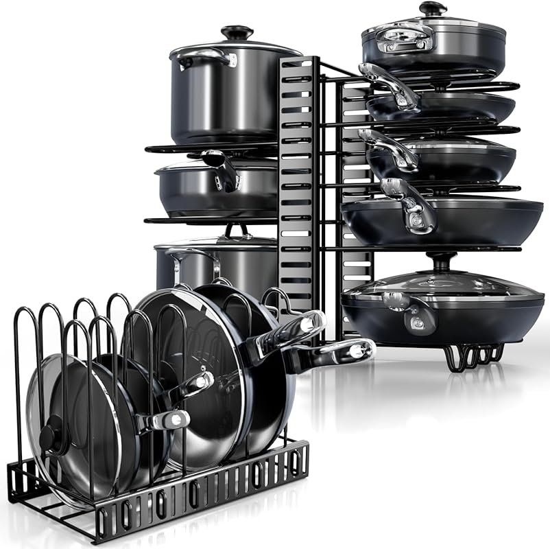 8-Tier Adjustable Heavy-Duty Pot and Pan Organizer Rack for Kitchen Ca
