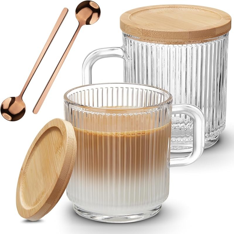 Mfacoy 2 Pack Glass Coffee Mugs with Handle & Spoon, 12oz Bamboo Lid R