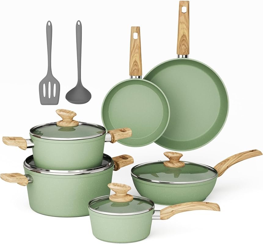 MAISON ARTS 12-Piece Green Granite Nonstick Induction Cookware Set, He