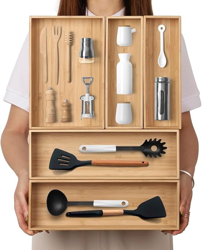 BAMOTTO CRAFTBAMBOO Stackable Bamboo Drawer Organizer Set of 5, Lamina