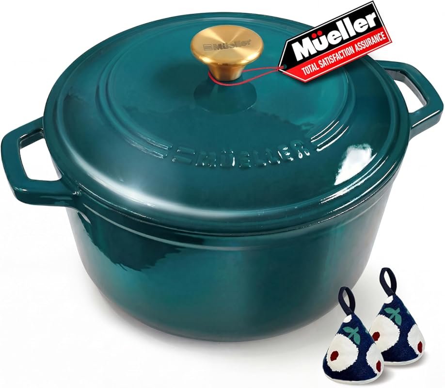 Mueller DuraCast 6 Quart Enameled Cast Iron Dutch Oven with Lid, 500°F