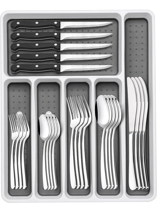 Heavy Duty Stainless Steel Silverware Set with Organizer – 49 Pieces I