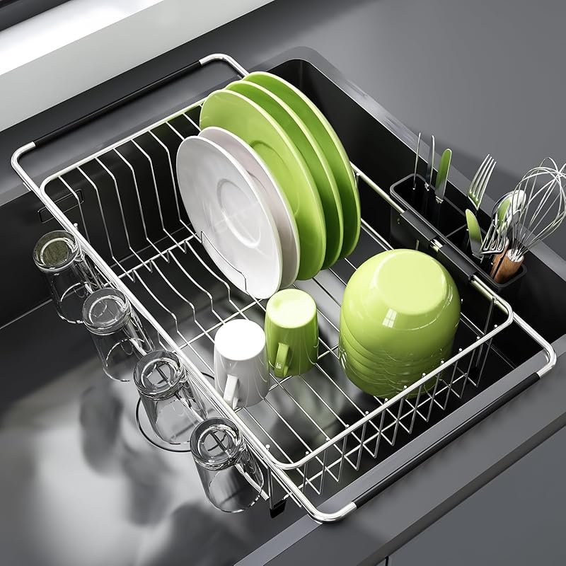 JASIWAY Expandable Stainless Steel Over Sink Dish Drainer with Utensil