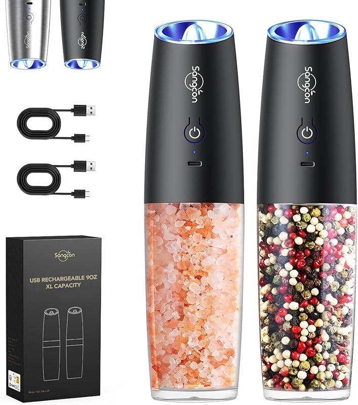 Sangcon XL Rechargeable Gravity Electric Salt & Pepper Shakers with LE