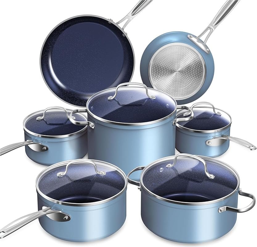 Nuwave Duralon Blue Ceramic Nonstick Cookware Set with Tempered Glass 