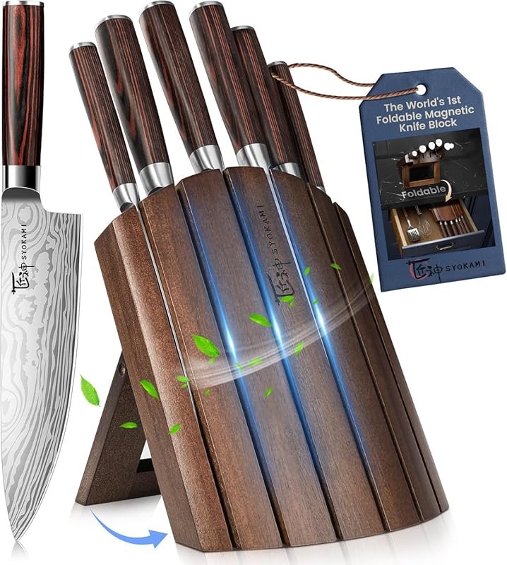 SYOKAMI 7-Piece Japanese Style Knife Set with Magnetic Acacia Wood Blo