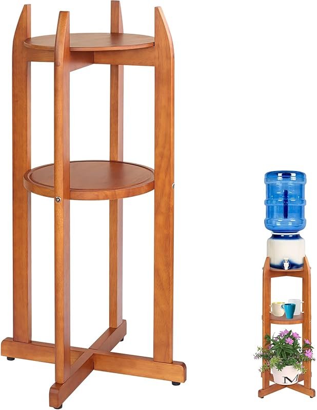 Natural Solid Wood Water Dispenser Floor Stand with 2 Shelves for Jugs