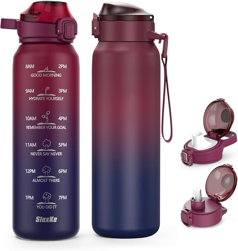 SLUXKE 32oz Insulated Water Bottle with Dual Lids & Time Marker, Keeps Cold & Hot, Double Walled Stainless Steel