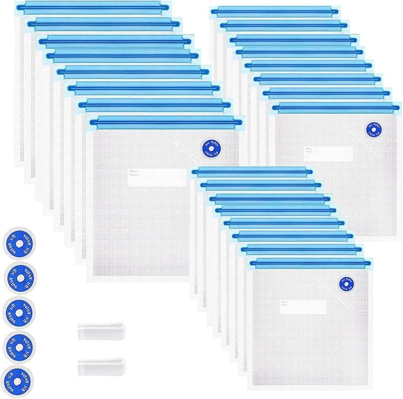 Sous Vide Bags – 31 Pcs Kit: 24 Zipper Bags, 2 Seal Clips & 5 Air Valv