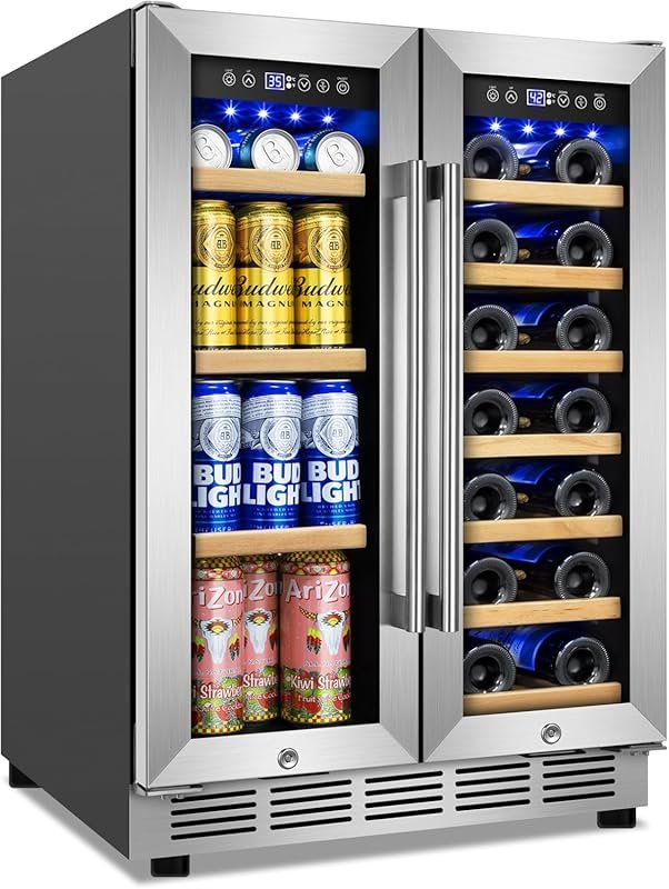 FoMup Wine and Beverage Refrigerator, 24 Inch Dual Zone Glass Door Bev