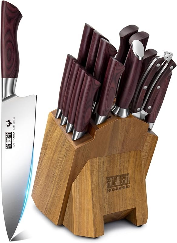 HOSHANHO 18-Piece High Carbon Stainless Steel Knife Set with Block and