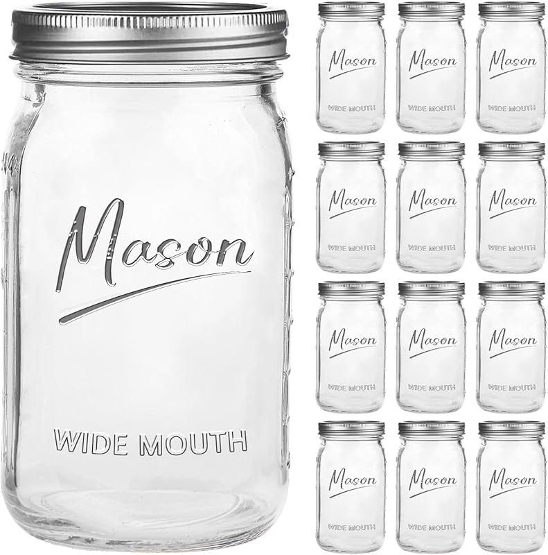 12 Pack 32 oz Quart Wide Mouth Mason Jars with Airtight Lids for Ferme