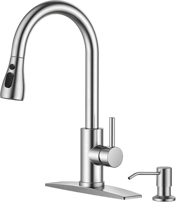 FORIOUS Kitchen Faucet with Soap Dispenser, Brushed Nickel, Pull Down 