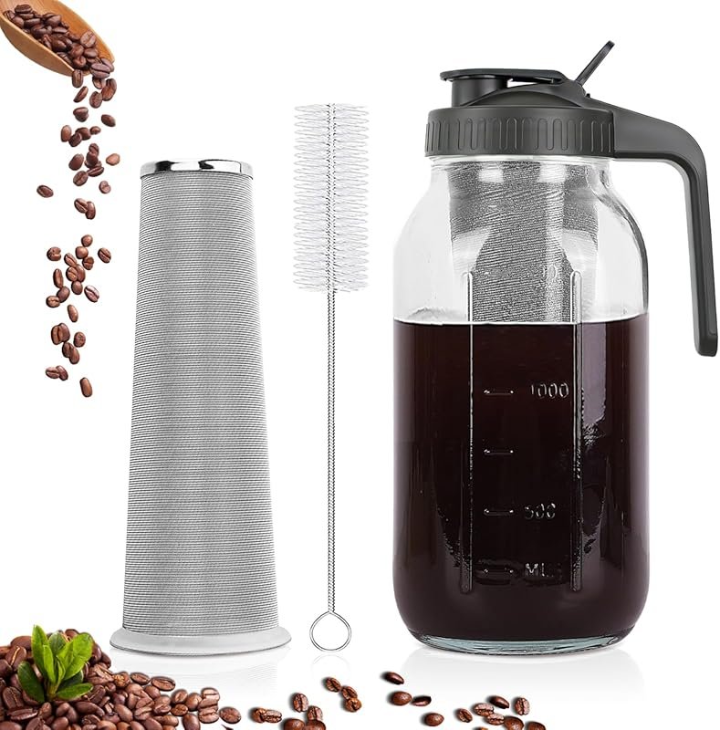 Heavy Duty 64oz Mason Jar Cold Brew Coffee Maker with Stainless Steel 