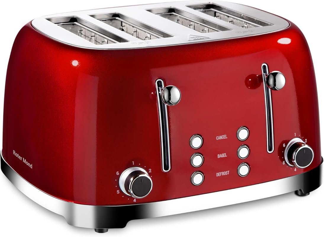 Roter Mond 4-Slice Retro Stainless Steel Toaster with Bagel, Defrost, 