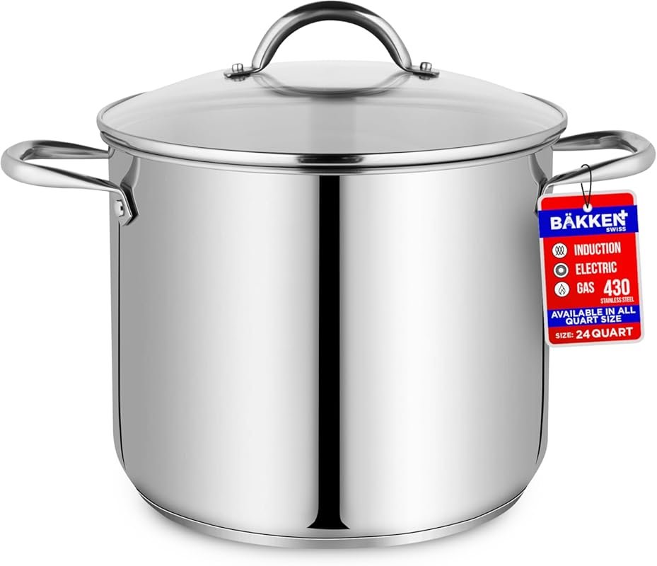 24-Quart Stainless Steel Stockpot with Tempered Glass Lid, 500°F Safe,