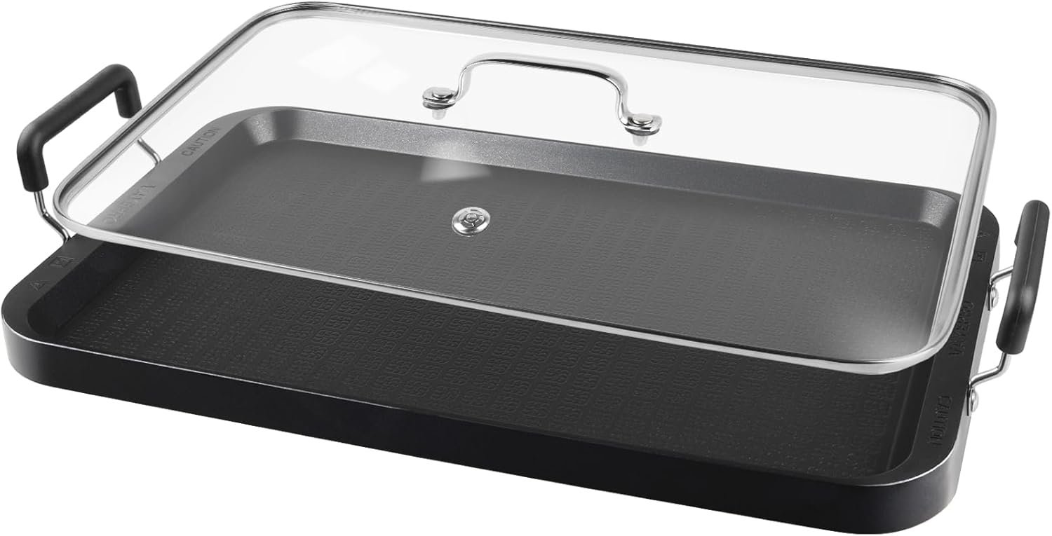 2-Burner Glass Lid Griddle Pan, Aluminum Non-Stick for Gas Stoves, Pancake & Camping Use