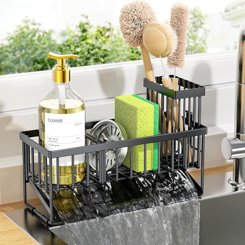 Cisily Sink Caddy Sponge Holder with Brush Holder and Self-Drain Tray,