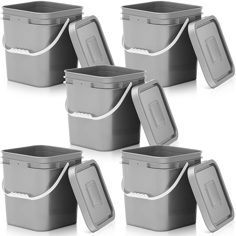 Mumufy 3.5 Gallon Square Food Grade Buckets – 5 Pack Gray Stackable Co