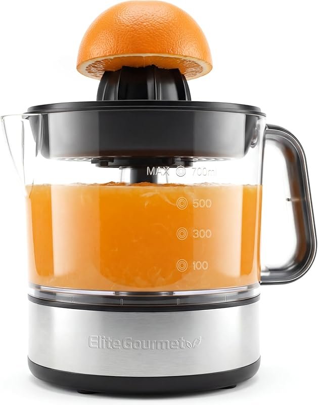 Elite Gourmet Citrus Juicer, 40W, Pulp Control, 24oz, Black/Stainless 