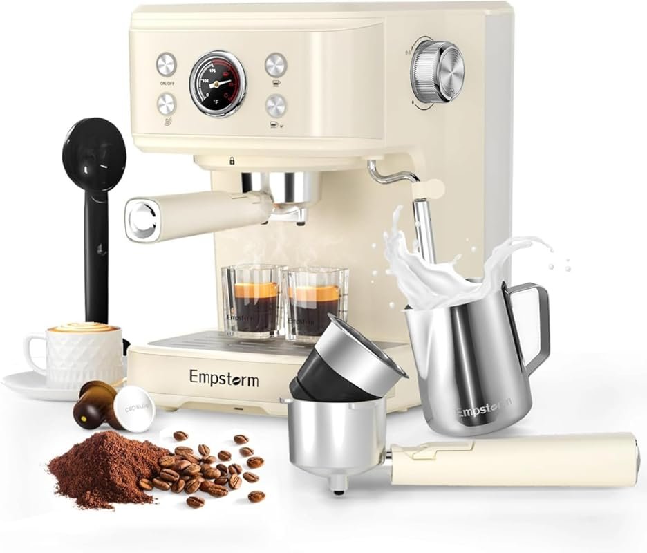 Empstorm 20 Bar Espresso Machine with Grinder, Milk Frother & Capsule 