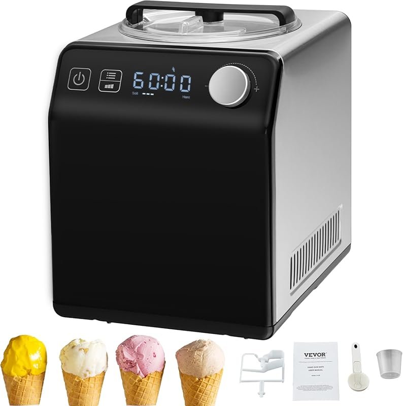 VEVOR 2 Quart Built-in Compressor Ice Cream Maker Stainless Steel Digi