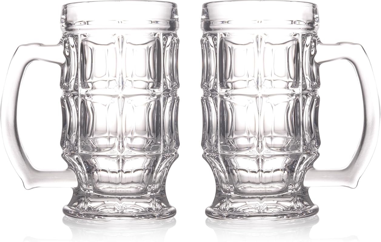 British Dimpled Pint Beer Mugs with Handle – 2-Pack Thick Glass for Ho